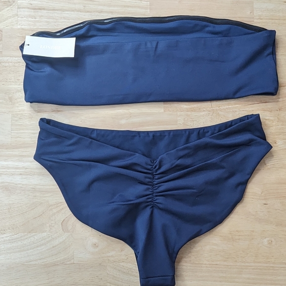 Londre Swimwear Navy Bandeau Top and High Leg Scrunch Bottom Bikini Set - Picture 6 of 8